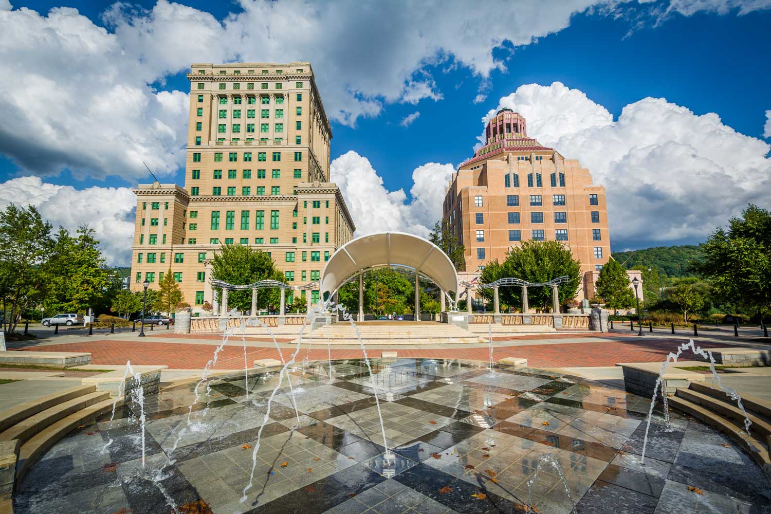 a city square with floor fountains