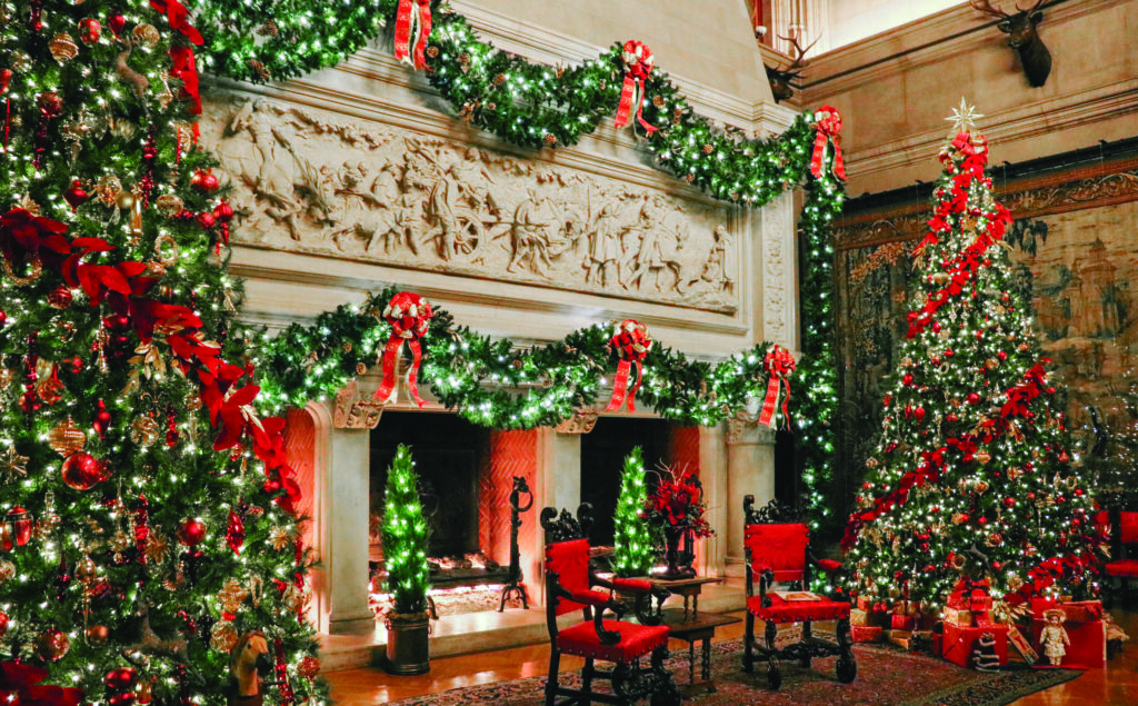 Christmas Biltmore with fireplace and christmas tree