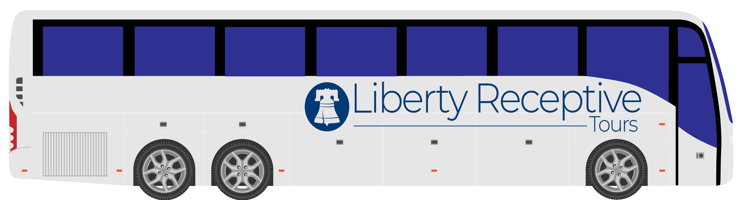 a 3d bus with Liberty Receptive Tours logo on the side