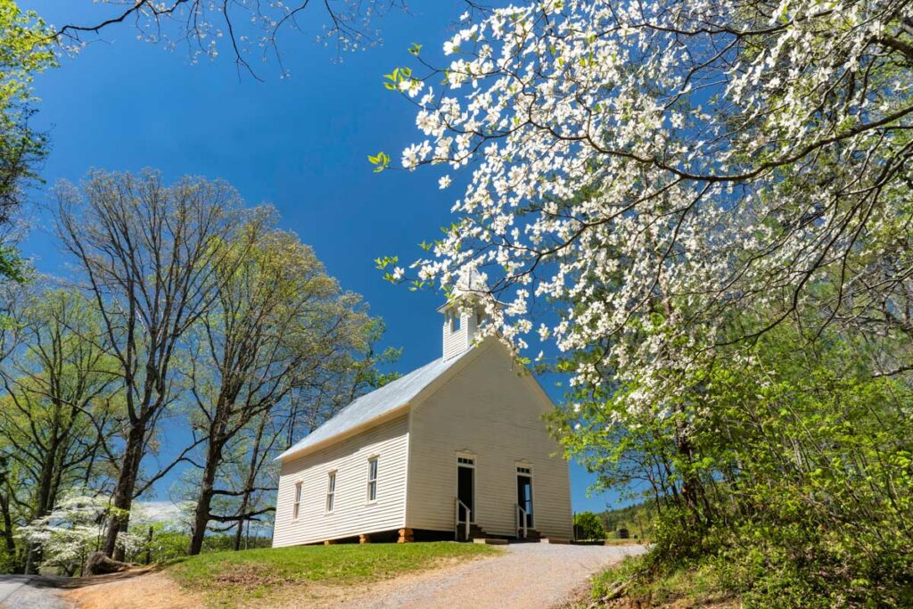 white small church on the hill